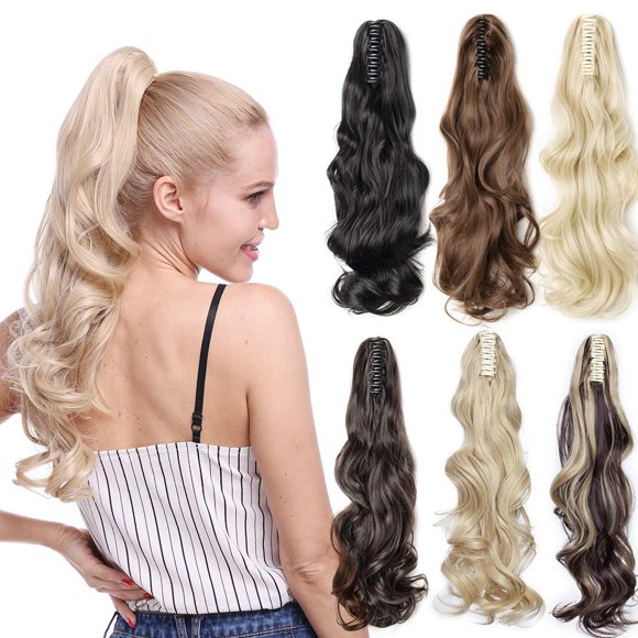 S-noilite 24" Long Curly Ponytail Extension Claw Clip in Ponytails Jaw Clip on Ponytails Hair Extension Hairpiece Synthetic Wave Pony Tails for Women Dark Brown & Platinum Blonde