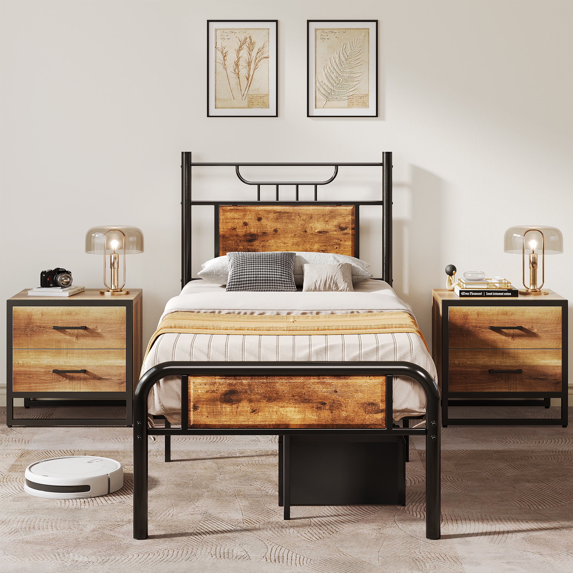 Uforic Farmhouse Twin Size Metal Bed Frame with Headboard & Soundproof Cotton, Black