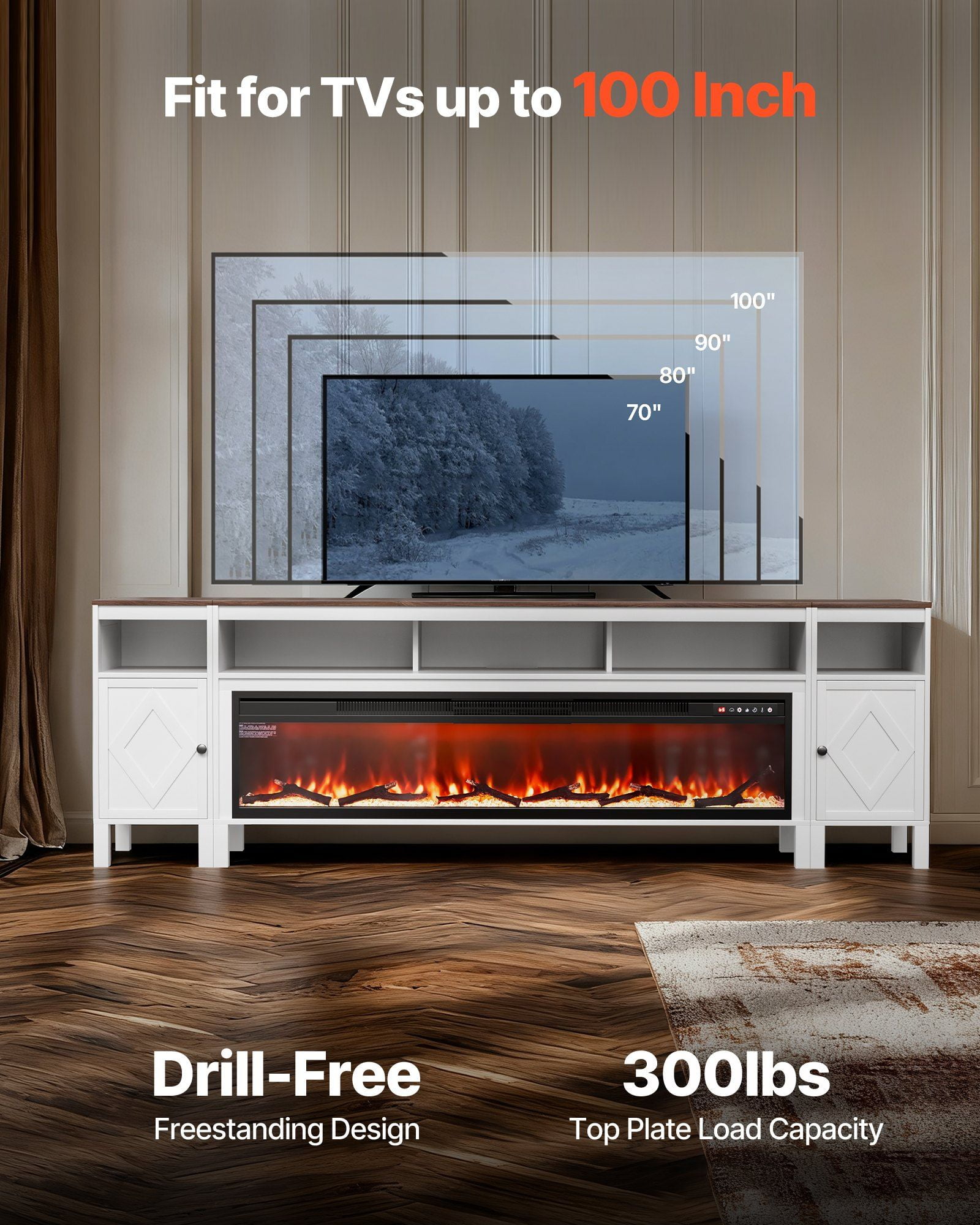 White Farmhouse Entertainment Center with 60" Fireplace & Drawers, TV Stand for TVs up to 100 Inches, Remote Controlled Electric Fireplace TV Cabinet