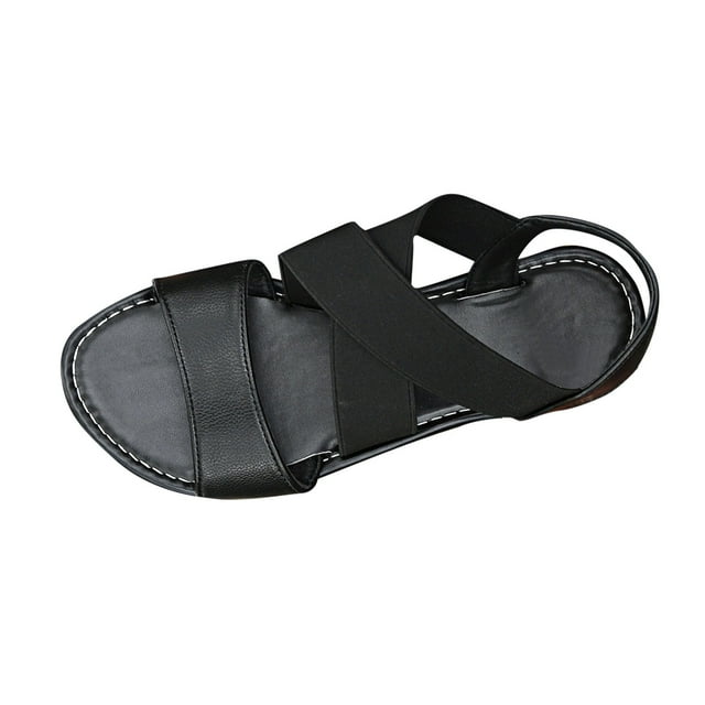 Flat Sandals for Womens Cross Elastic Straps Open Toe Leather Non Slip Beach Summer Sandals Black