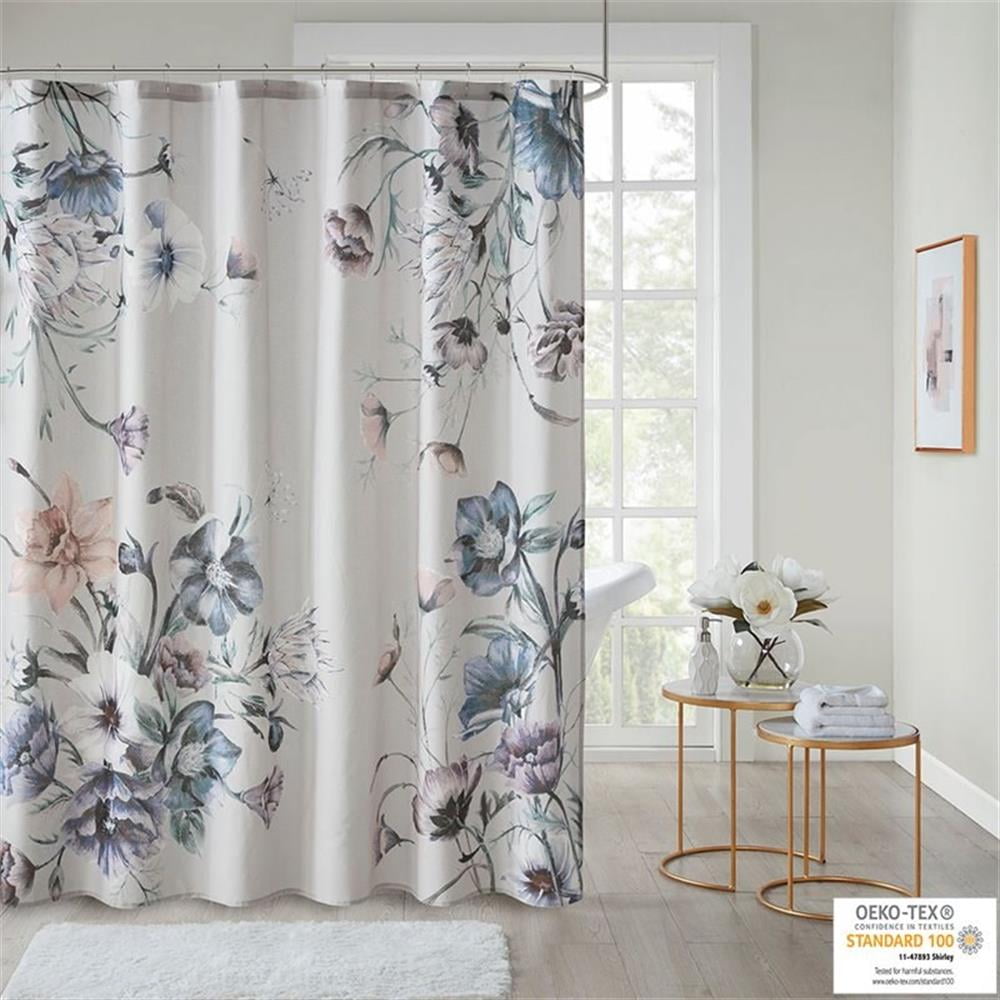 Madison Park Cassandra Printed Shower Curtains, Cotton Bathroom Curtains, Blue, 72” x 72"