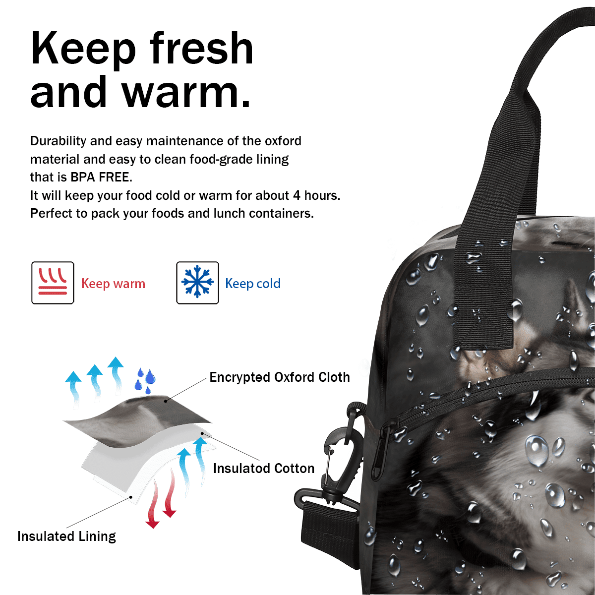 Herdesigns Cool Husky Dog Insulated Lunch Bag for Women Men Adults Large Reusable Lunch Box Leakproof Portable Cooler Tote Bags with Adjustable Shoulder Strap