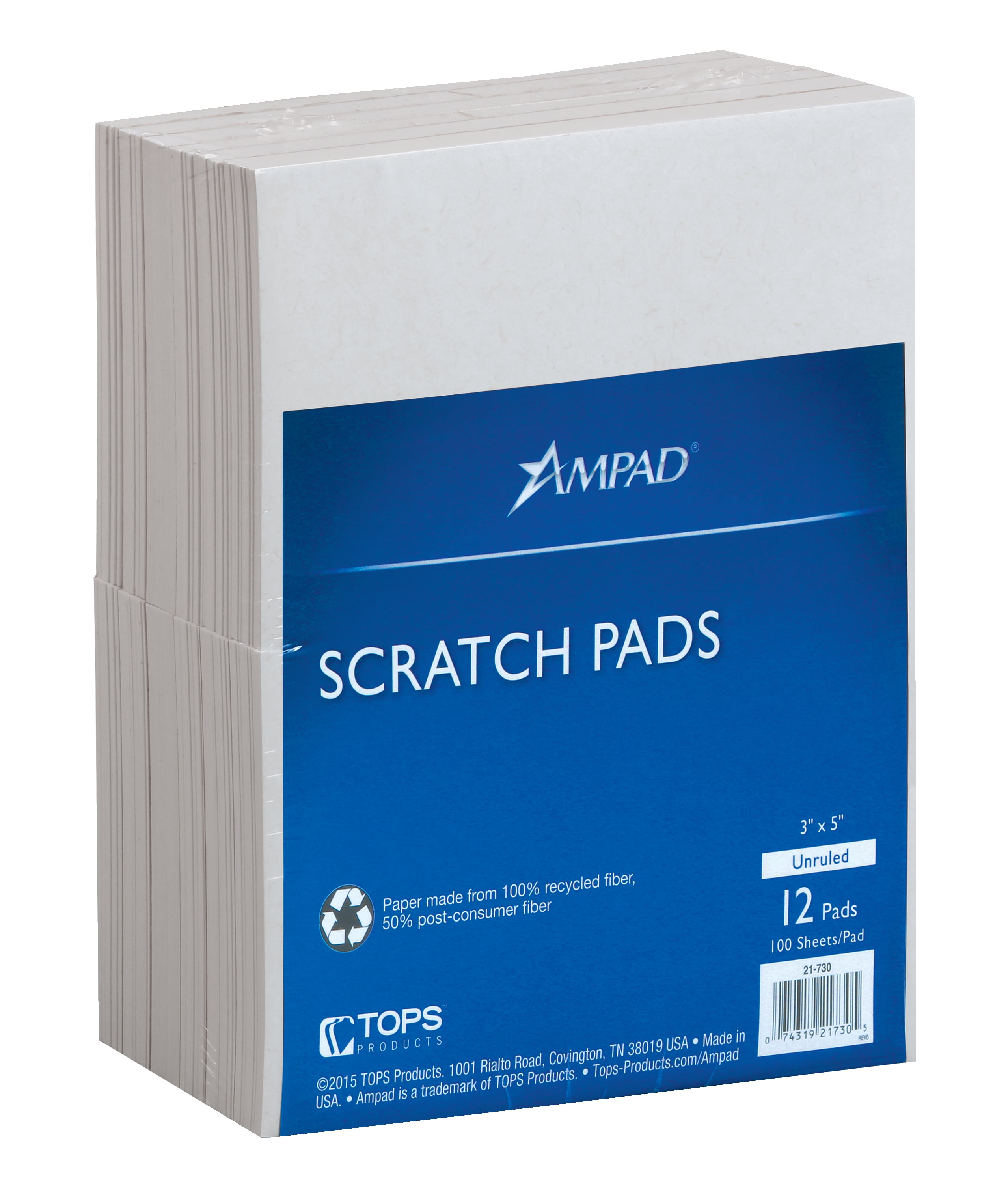 Ampad Glue Top Scratch Pads, Unruled, 100 Sheets, 3 in. x 5 in