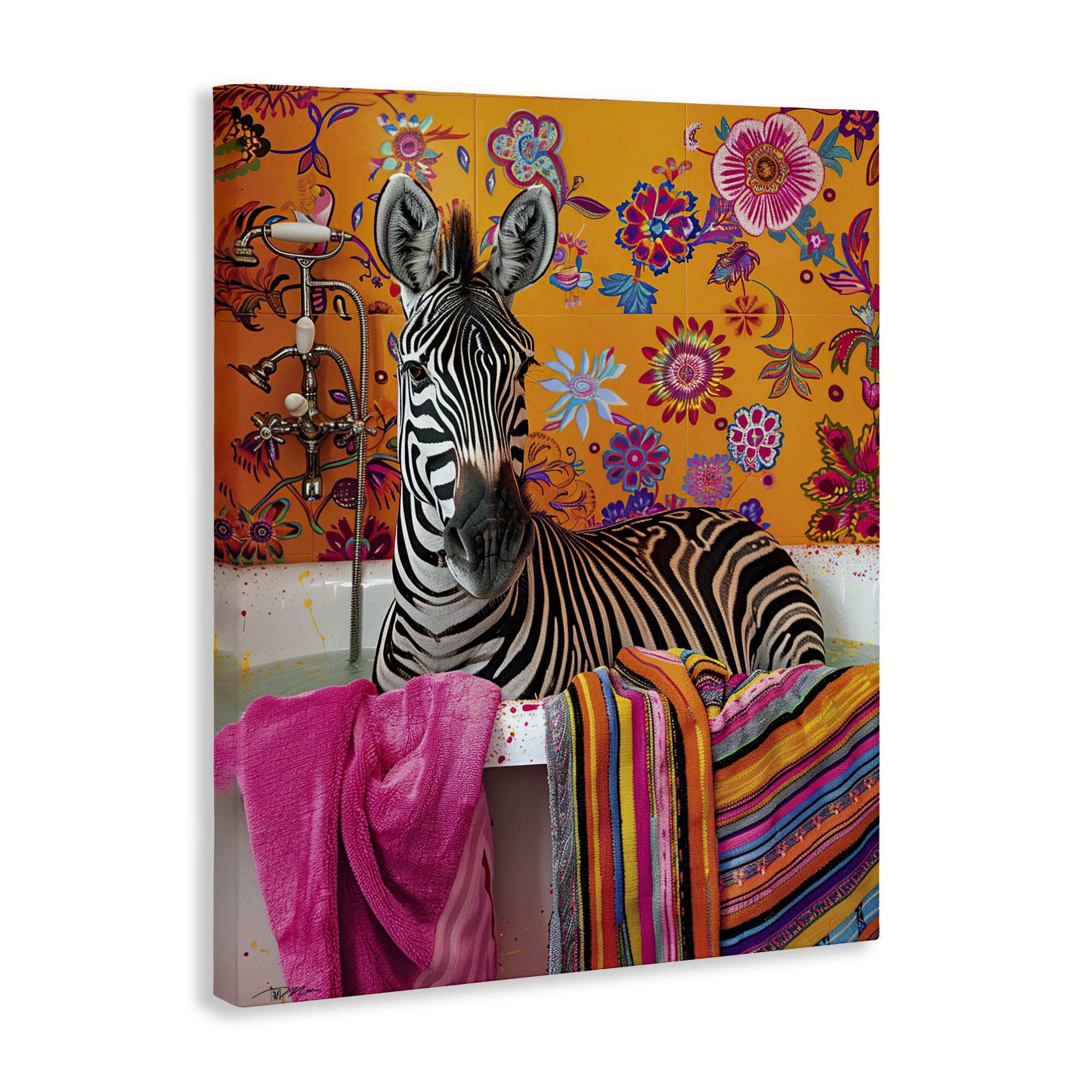 Zebra Bath with Colorful Towel Canvas Wall Art, design by Momart