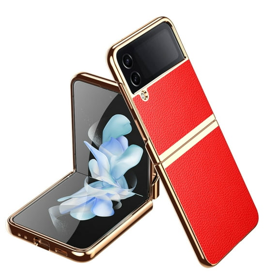 SaniMore for Samsung Galaxy Z Flip 4 (6.7" 2022) Case, Wear-resistant PU Leather Skin Lychee Pattern, Plating Bumper Slim Lightweight Shockproof Cover [Rugged PC Backplane] - Red
