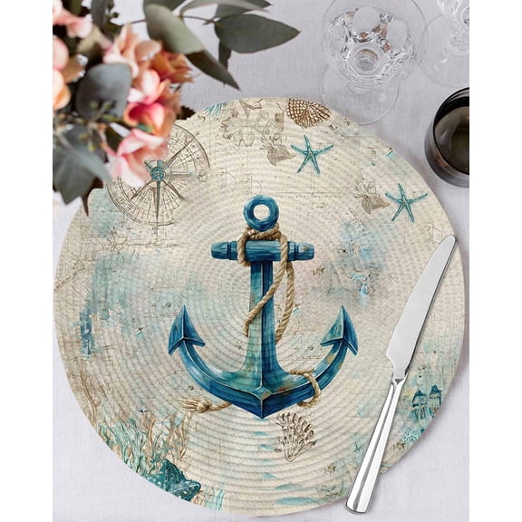 15 Inch Round Placemats Set of 4, Teal Anchors Coastal Non Slip Heat Insulation PP Table Mats, Vintage Summer Beach Nautical Washable Place Mats for Kitchen Dining Party Table Decor