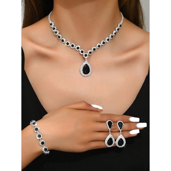 Black Teardrop Crystal Jewelry Set: Necklace, Earrings & Bracelet