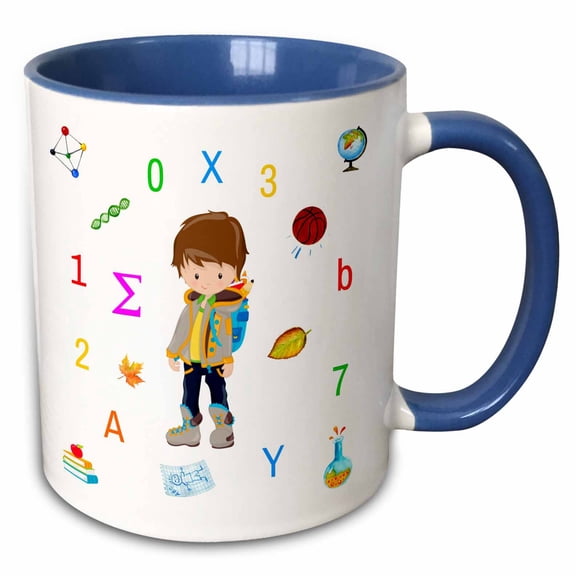 3drose, Funny Back to School Scene of a Boy, Letters, Numbers, Symbols, 15oz Two-tone Blue Mug