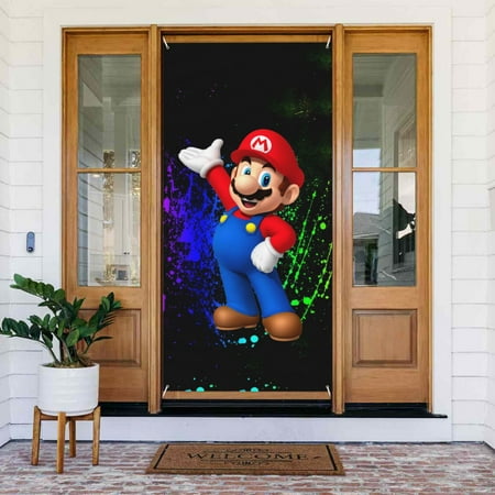 Super Mario Door Cover Decorated Banner Tapestry Home Decoration Holiday Party Supplies Door Banner Porch Sign Banner 72.8 x 35.4 Inch