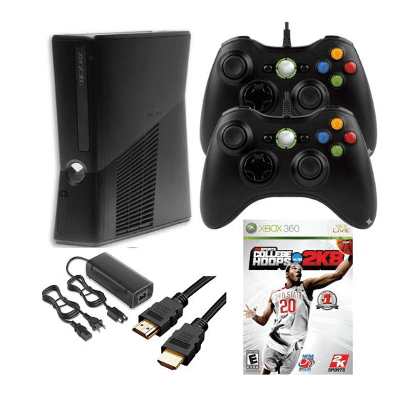 Microsoft Xbox 360 S 4GB Slim Gaming Console (Refurbished) - Bundle with College Hoops 2K8 Game, 2 RetroFam Wired Controllers, HDMI & AC Adapter