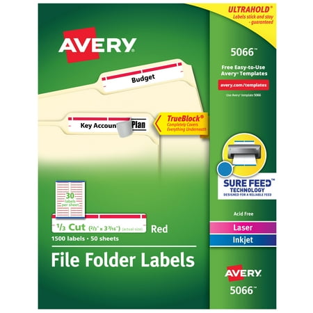 Avery TrueBlock File Folder Labels, Sure Feed Technology, Permanent Adhesive, Red, 2/3