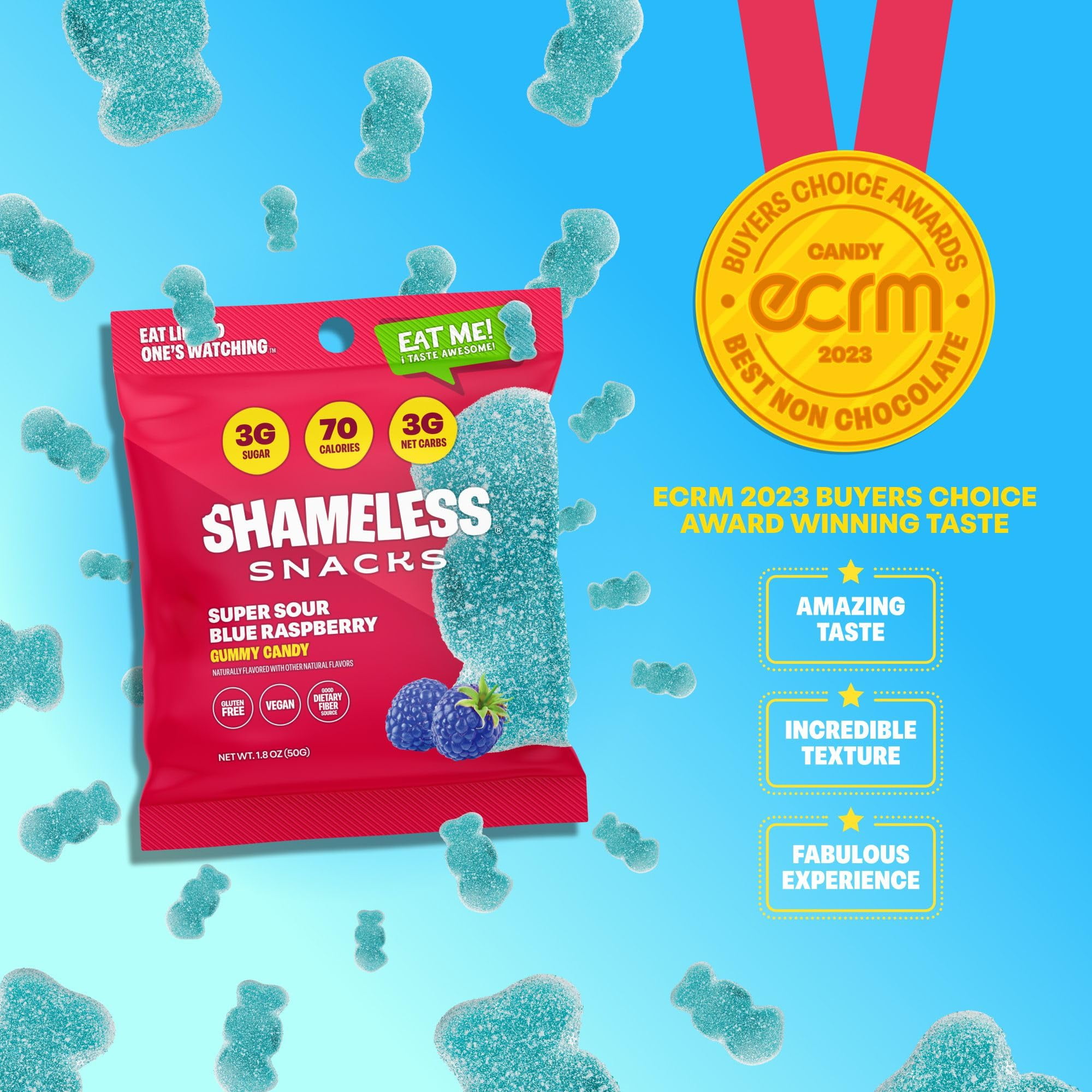 Shameless Snacks Super Sour Blue Raspberry - Sour Candy & Fruit Snacks, Gummy Candy, Keto Snacks in Bulk, 3g Sugar Gluten Free Vegan for Kids & Adults