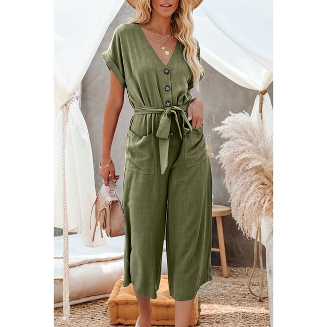 Pelele De Pierna Ancha Con Cinturón, Mono Informal Con Cuello En V Y Bolsillo De Moda Para Boda YLSHRF DE Verde L