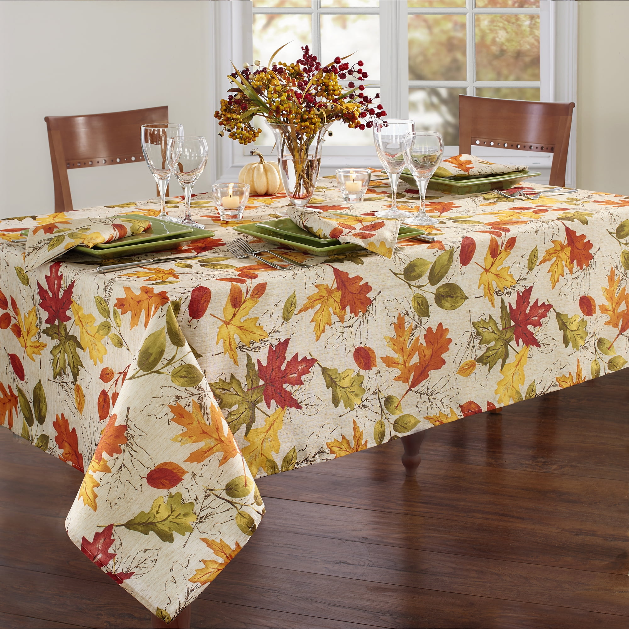 Autumn Foliage Leaves Digital Painting Round Tablecloth Waterproof Patterned Washable Table Cover for Holiday Home Party Picnic