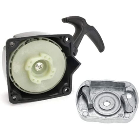 arrancador de arranque + placa de tracción para desbrozadora whipper snipper strimmer, carcasa negra con asa de tirador en T, volante interior de PA6 (nylon) color crema con tornillo central; placa de aluminio desmontada con orificios de montaje visibles (Ø 6 mm, espaciado 66.5 mm).