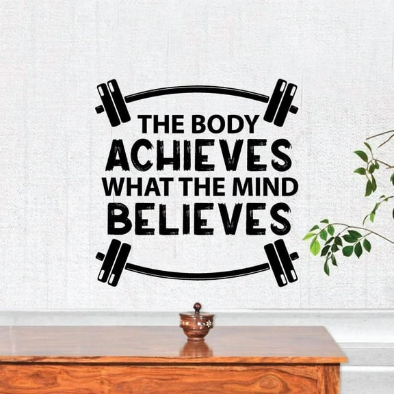 The Body Achieves What The Mind Believes - Exercise Workout Quote Motivation Weightlifting Silhouette Vinyl Wall Art Sticker Decal Home Gym Workout Area Fitness Sticker Decoration Size (30x22 inch)
