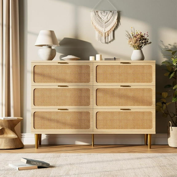 Accreate Rattan 6 Drawer Dresser for Bedroom, Chest of Drawers with Deep Drawers, Large Double Dresser for Closet with Wide Top,  Wood color