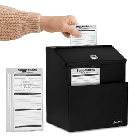 AdirOffice Suggestion Box with Slot and Lock with 25 Comment Cards and Label Stickers, Wall Mounted Metal Donation Box, Ballot Box Black