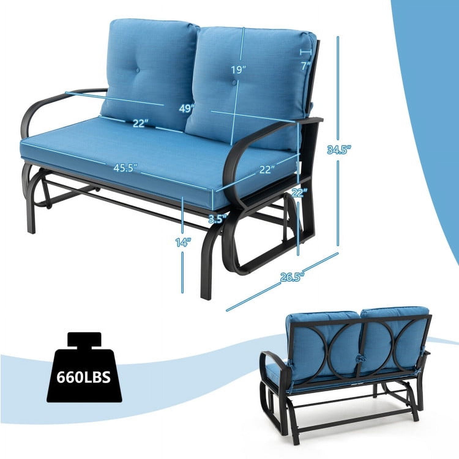 Aimee Lii Double Chair Outdoor with cushion, Patio Glider Bench, Porch, Backyard, Sturdy, Blue Aimee Lii Double Chair Outdoor with cushion, Patio Glider Bench, Porch, Backyard, Sturdy, Blue