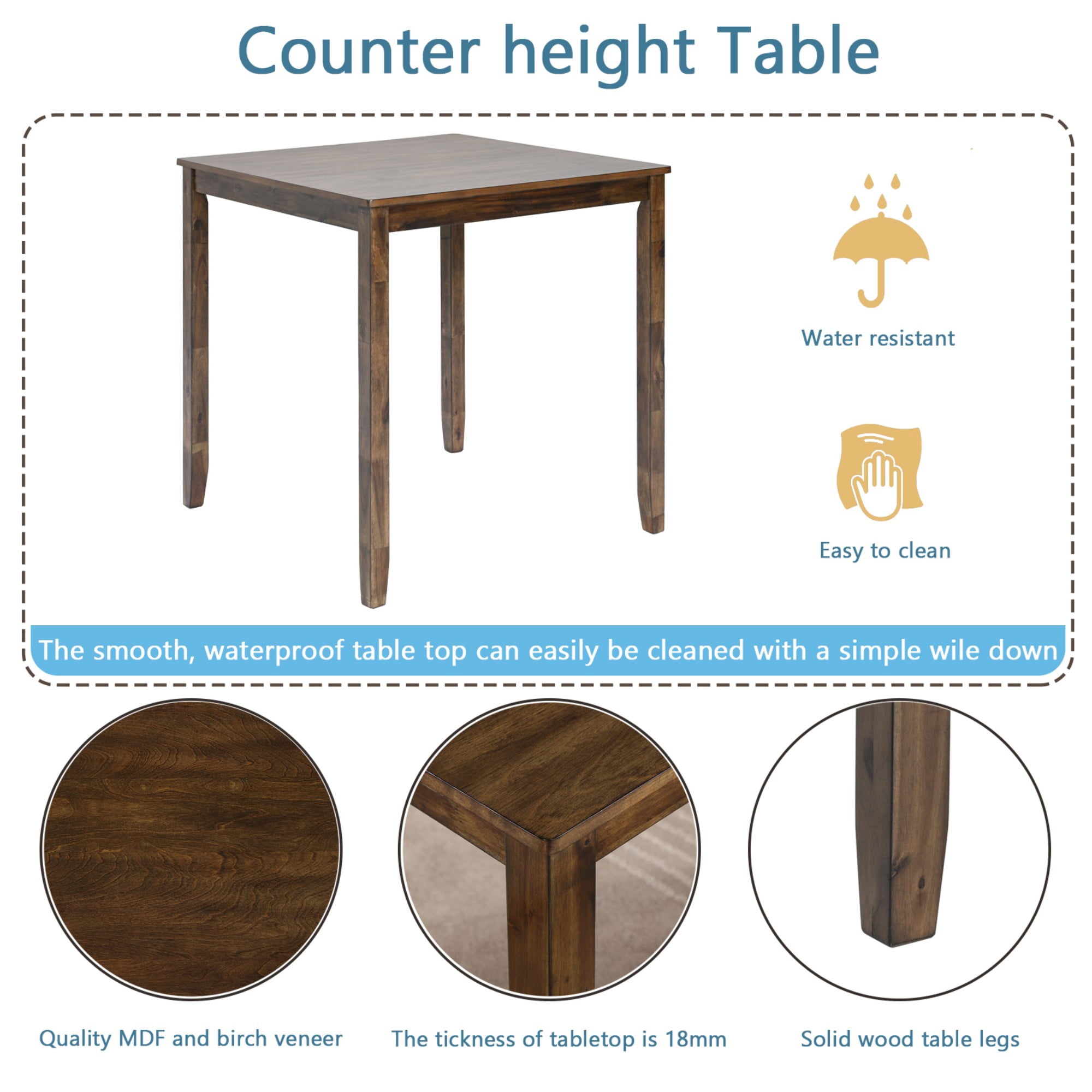 BSHTI 34.5" Acacia Wood 5-Piece Counter Height Dining Table Set with Fabric Upholstered Slatted-Back Chairs for Kitchen（Walnut）