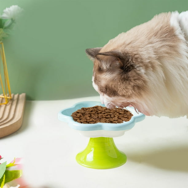 Herunwer Ceramic Pet Bowl Flower Shape Cats Food Dish Nonslip Elevated Stand Feeding Plate for Neck Protections and Easy