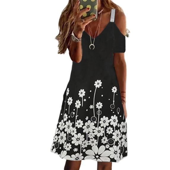 Gvmfive Women Summer Boho Casual Sundress Cold Shoulder Short Sleeve A-line Dress