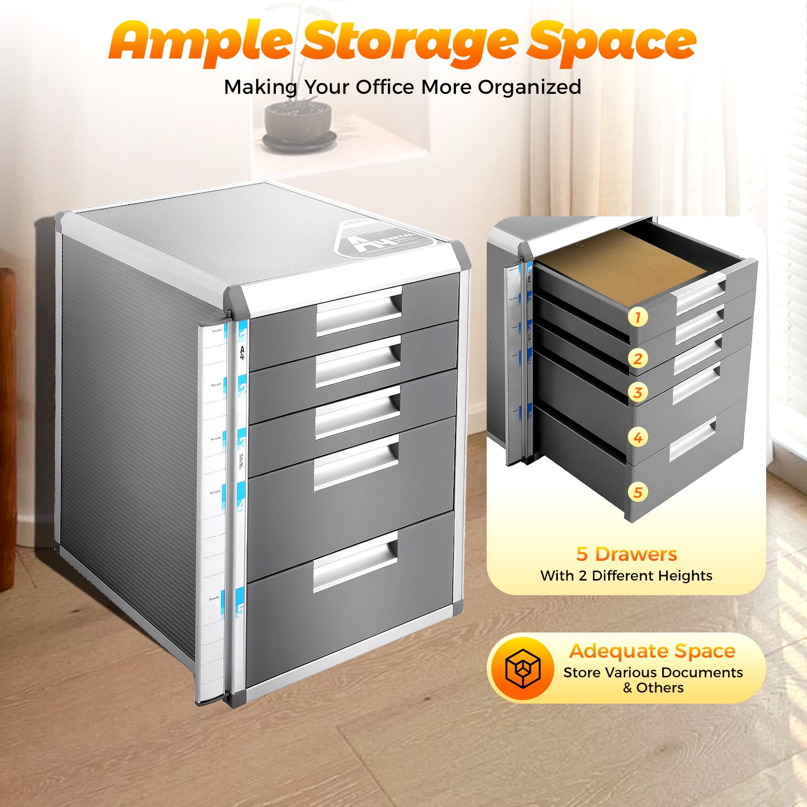 File Cabinet, 5 Tier Lateral Filing Cabinet Desktop Organizer with Lock, Fully Assembled Desktop File Sorter Mail Center Paper Storage for Homes, Offices, Schools (5 Drawers)