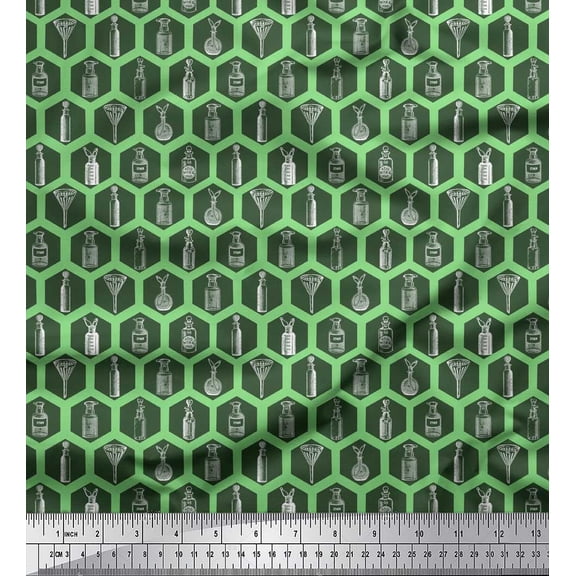Soimoi Green Poly Georgette Fabric Honeycomb Design & Designer Bottle Print Fabric by Yard 42 Inch Wide