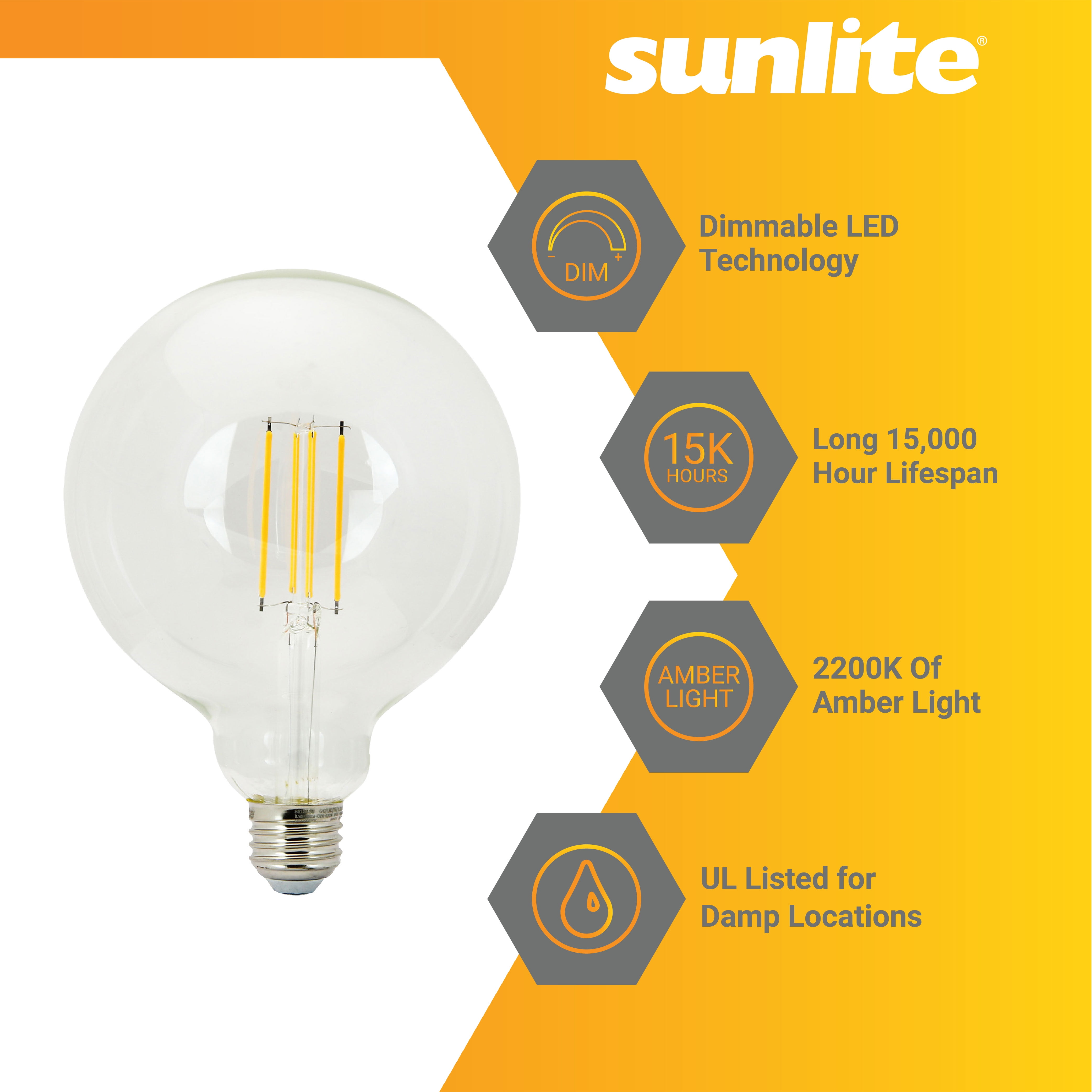 Sunlite 41836 LED G40 Edison Globe Light Bulb, 8.5 Watts (100W Equivalent), Standard E26 Base, 800 Lumens, Dimmable, Clear Glass, Long Filament, 90 CRI, CEC Compliant, 2200K Amber Light, 4 Pack