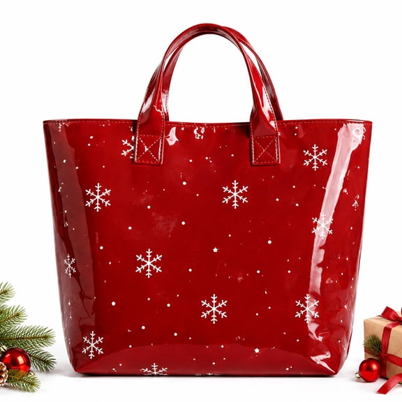 Fmbmuo Christmas Tote Bag for Women, Red Snowflake Print Handbags, Large Festive Holiday Carryall Shoulder bag