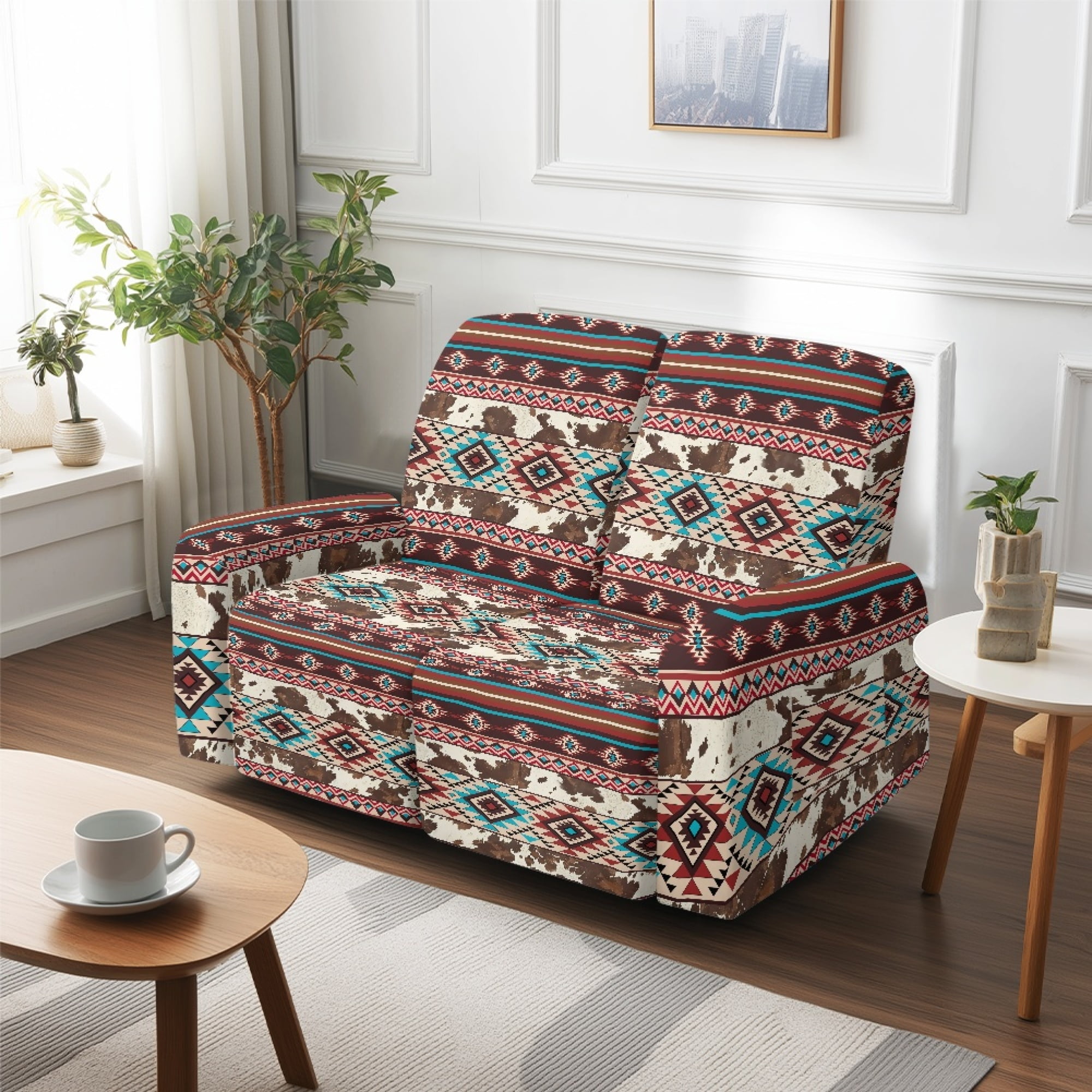 TSOVTHRID Aztec Tribal Cow Pattern Reclining Loveseat Slipcovers, 6-Piece Soft Stretch Sofa Cover, 2 Seat Washable Loveseat Recliner Covers for Dogs Cats