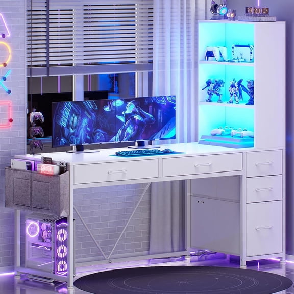 SEDETA Computer Desk with 5 Drawers and Bookshelf, Reversible Home Office Desk with Storage Shelves and File Drawer, Gaming Desk with LED Lights for Small Spaces, White