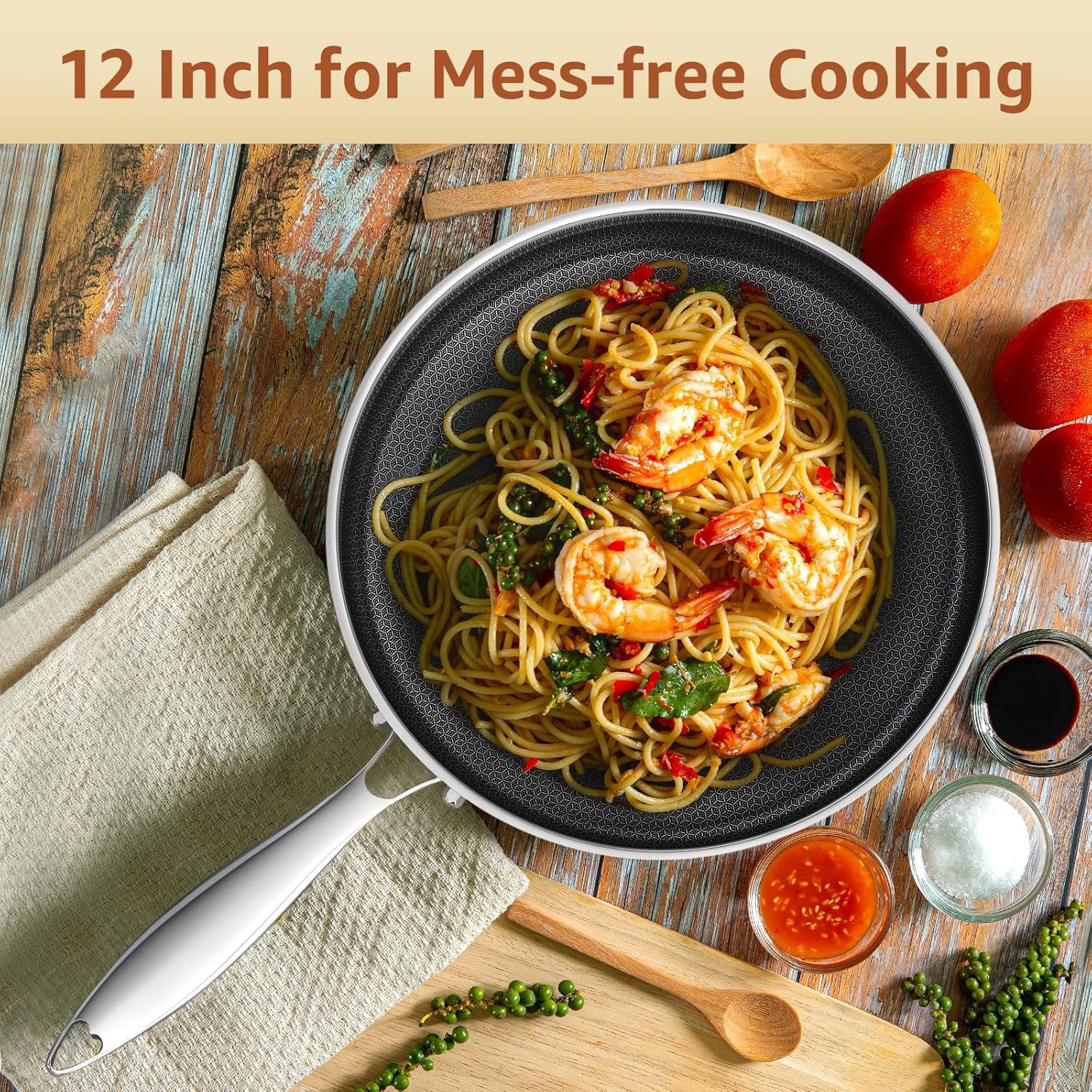 LOLYKITCH Tri-Ply Hybrid Non-Stick Frying Pan with Lid,12 inch Skillet,Induction Cooking Pan,Dishwasher and Oven Safe,Detachable Handle.