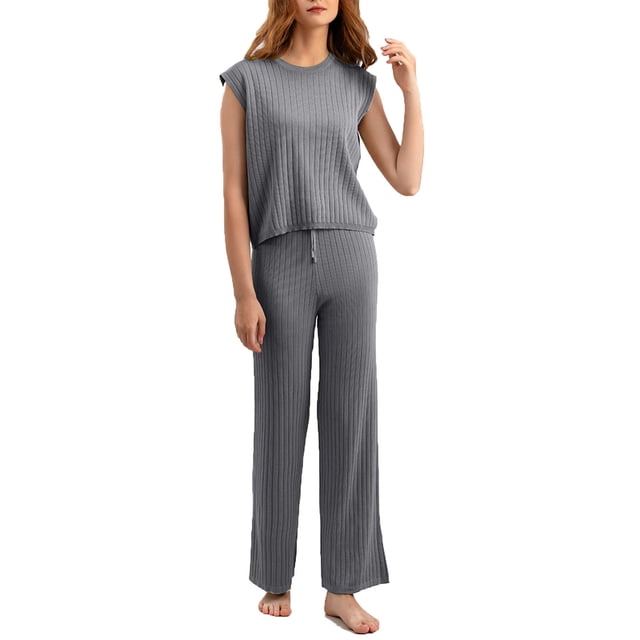 AherBiu Ribbed Sets for Women 2 Piece Loungewear Tank Tops with Pants Knitted Sweater Outfits
