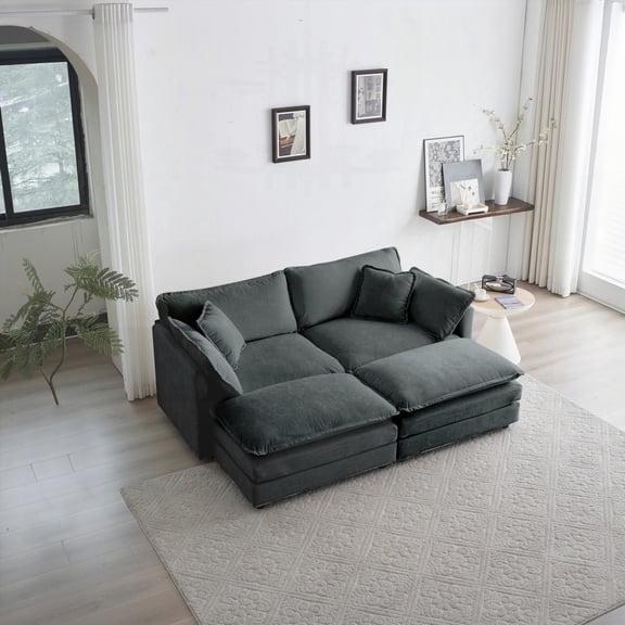 Modern Gray Chenille 4-Piece Upholstered Sectional Sofa (220×80×75cm) with 2 Seater Loveseat and Ottomans