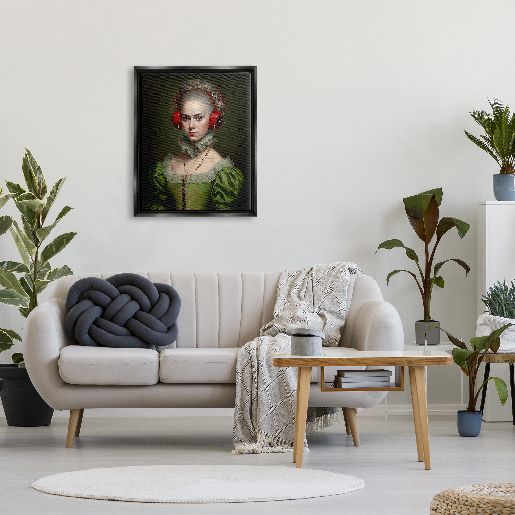Stupell Industries Classic Portrait with Headphones Beauty & Fashion Painting Black Floater Framed Art Print Wall Art, 25 x 31
