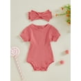 thumbnail image 2 of Nygoyerh Newborn Baby Girls 2PCS Summer Outfit 3M 6M 12M 18M Short Sleeve Crew Neck Ribbed Romper with Headband Set Infant Clothing, 2 of 7