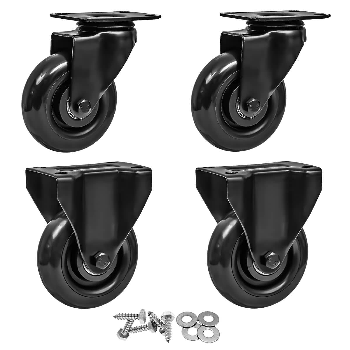 4 Pack 2" Inch All Black Rigid Non Swivel Polyurethane Casters Wheels 