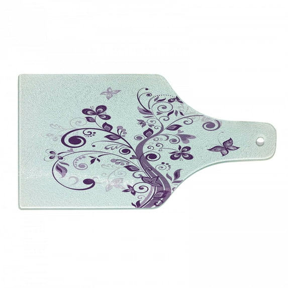 Mauve Cutting Board, Tree with Swirled Branches and Flowers Leaf Butterfly Bridal Inspirations Theme, Tempered Glass Cutting and Serving Board, Wine Bottle Shape, Purple White, by Ambesonne