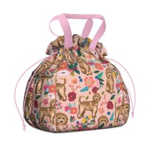 Dogs with Flowers Drawstring Lunch Bag Women - Drawstring Lunch Bag Insulated for Work Office - Stain-Resistant Large Lunchbags for Women with Multi-Pockets