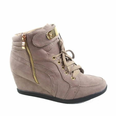 New Ladies Brown Wedge Heel - Peggy-53 Women's High Top Fashion Round Toe Lace Up Wedge Sneaker Shoes