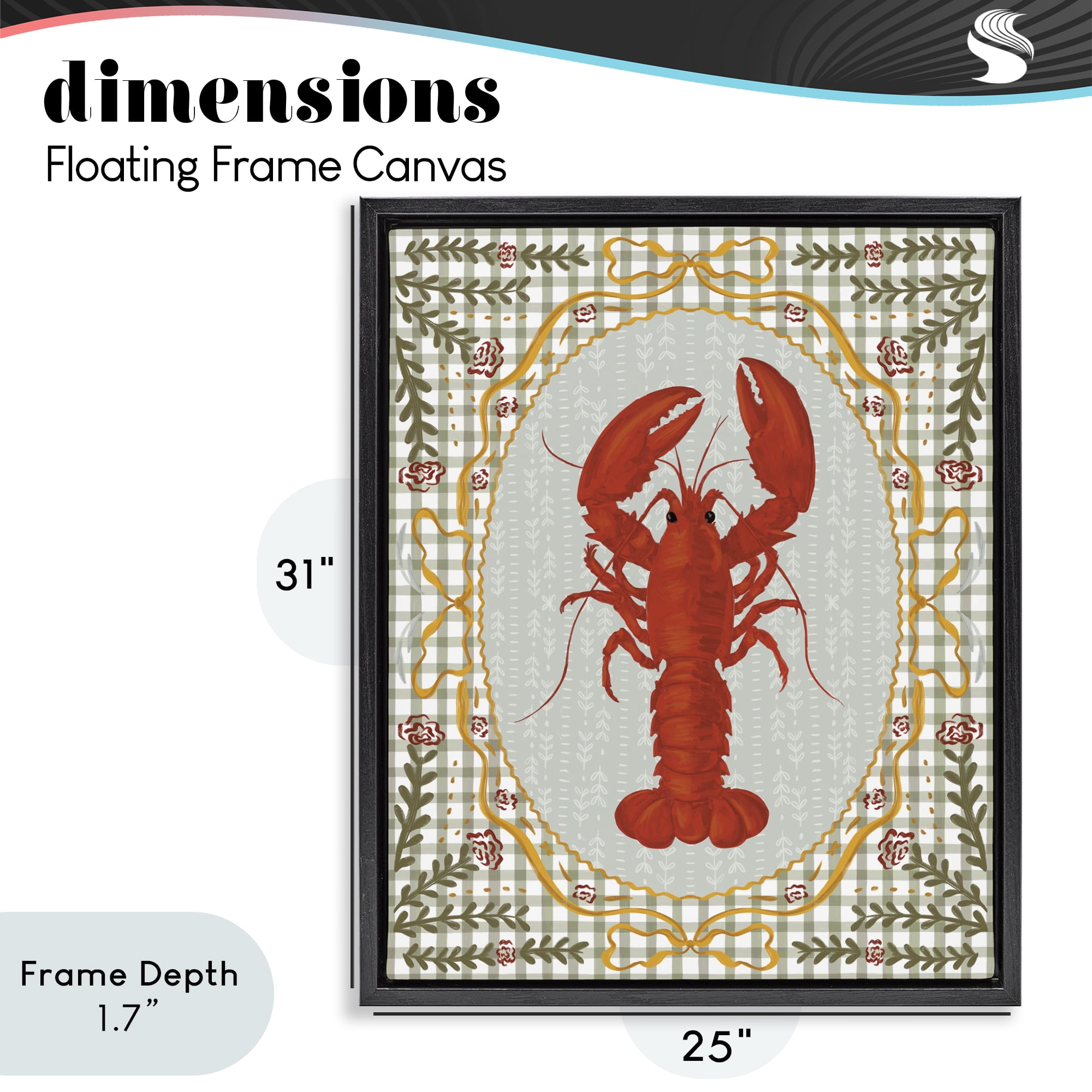 Stupell Industries Lobster with Gingham Kitchen Charm Black Framed Floater Canvas Wall Art, design by Vero Illustrates