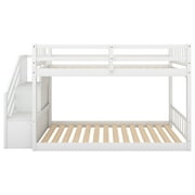 Euroco Wood Twin over Twin Floor Bunk Bed with Staircase for Kids Teens Room, White