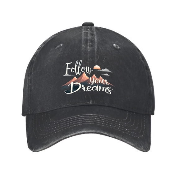 Vintage Cotton Washed Distressed Baseball Cap - Curved Brim with Mountain & Sun Design " Follow Your Dreams " Text Dad Hat for Men & Women
