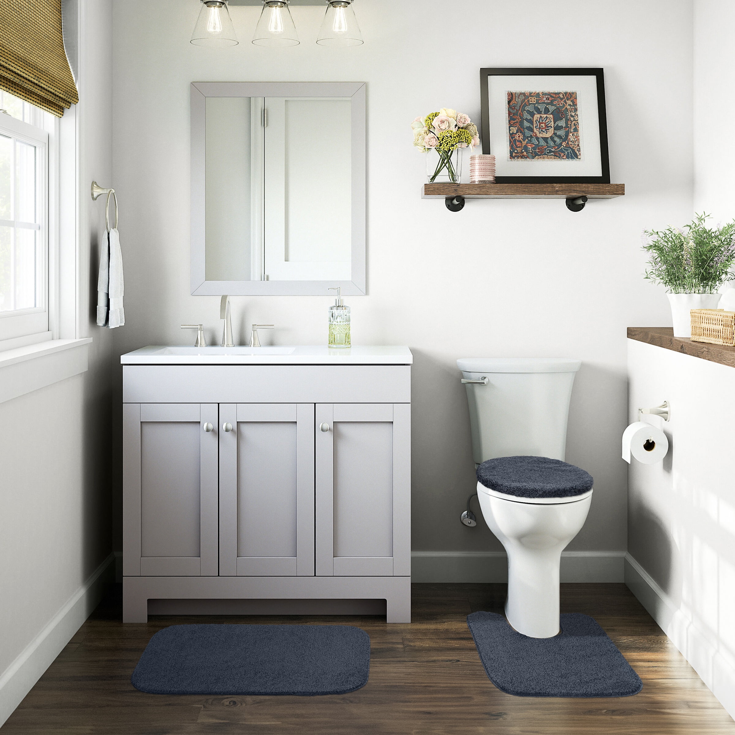 Garland Rug Gramercy Washable Bath Rug Set, 3 Piece (20"x34", Contour Rug, & Toilet Lid) Slate Blue