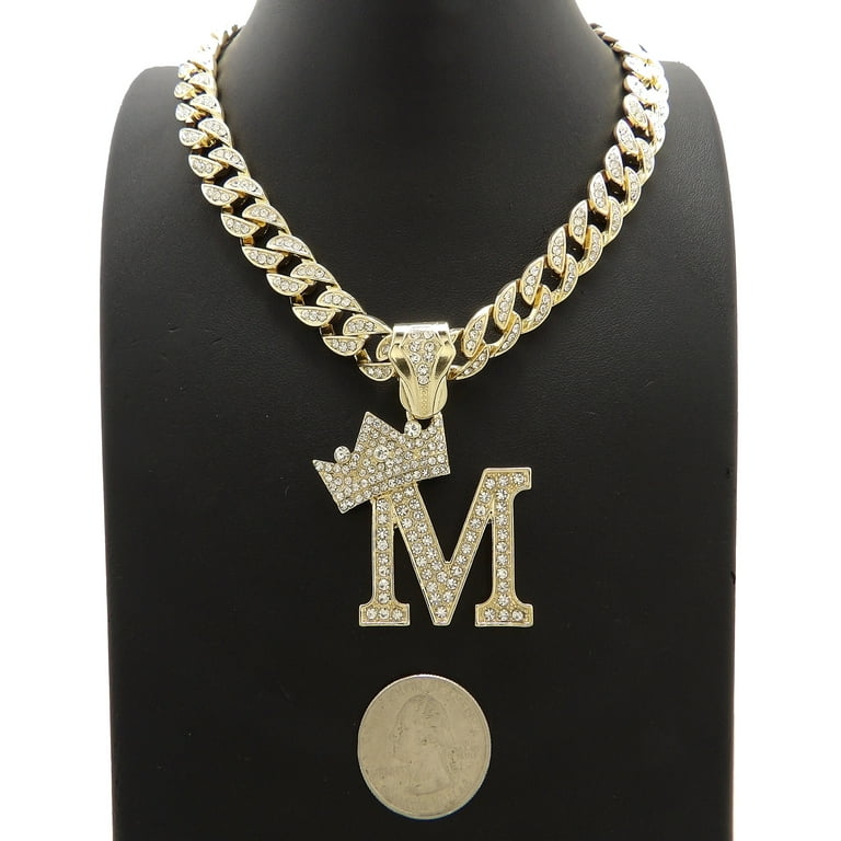 iJewelry2 Kings and Queens Crowned Initial Letter M Crystals Pendant Gold tone Cuban Linked Chain Necklace