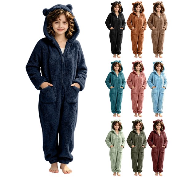 Kids Solid Reversible Fleece Onesie Outfit Zip up Hooded with Ears Long Sleeve Jumpsuit Warm Winter One Piece Garment for 3-12 Years Old Indoor Party Wine