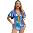 thumbnail image 2 of Womens Shiny Metallic Bodysuit For Pole Dancing Deep V Ruffle Sleeve Slim Fit Holographic Party Club Wear, 2 of 7