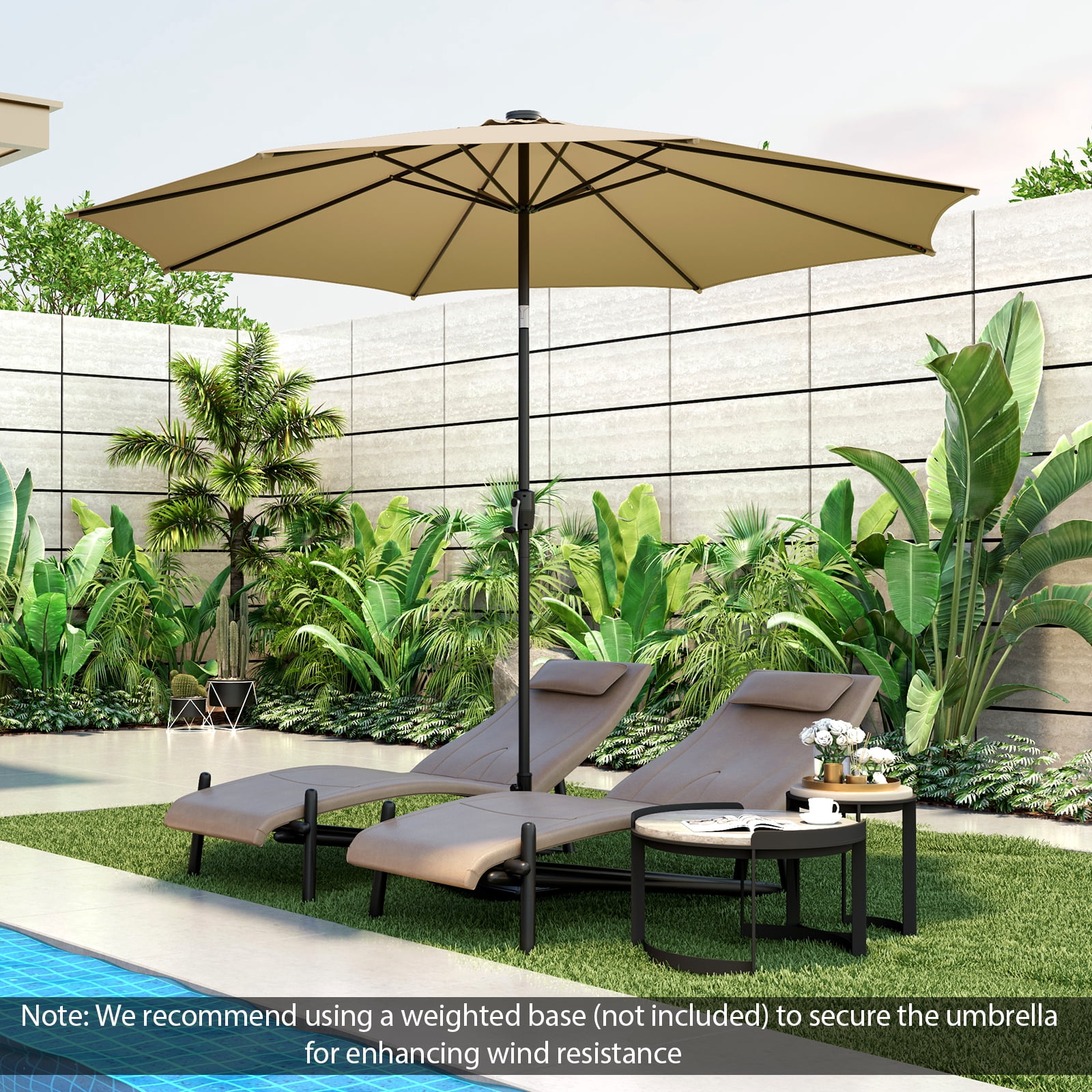 Costway 120" Beige Round Market Patio Umbrella, Solar Lighted
