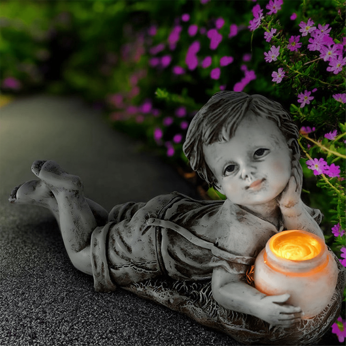 Kid with Solar Lights Garden Decoration Outdoor Statue Resin Jar Boy Flowerbed Yard Sculpture Decor